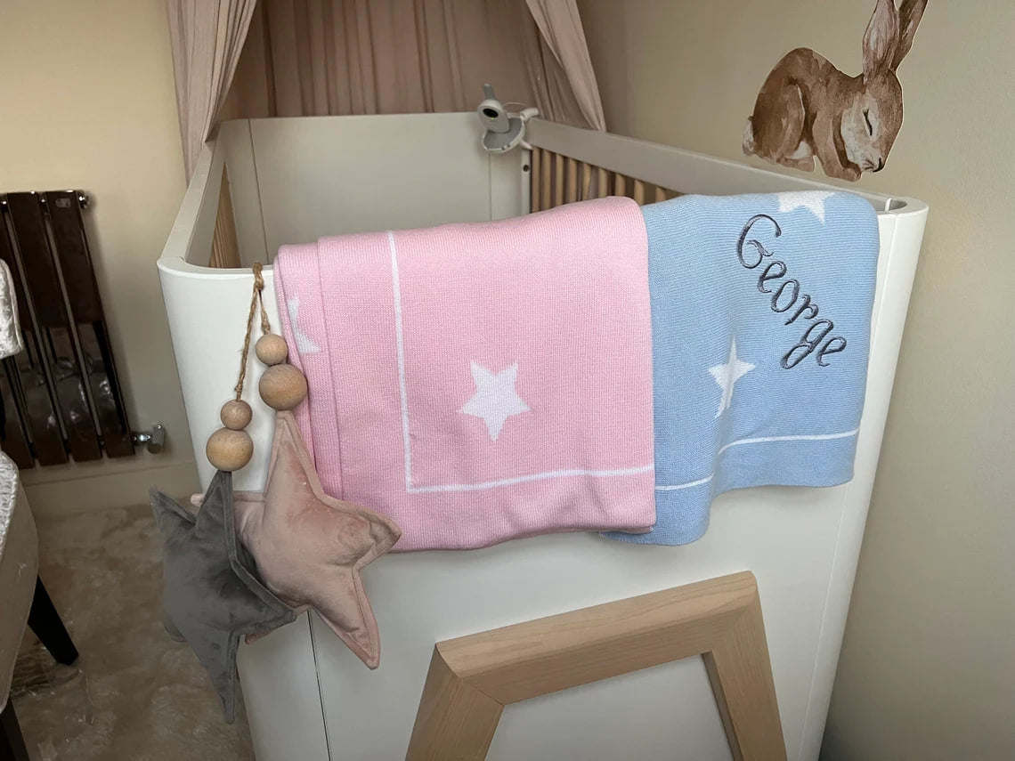 Custom Baby Embroidered Name Set Box Basket Rabbit Bunny and Blanket
