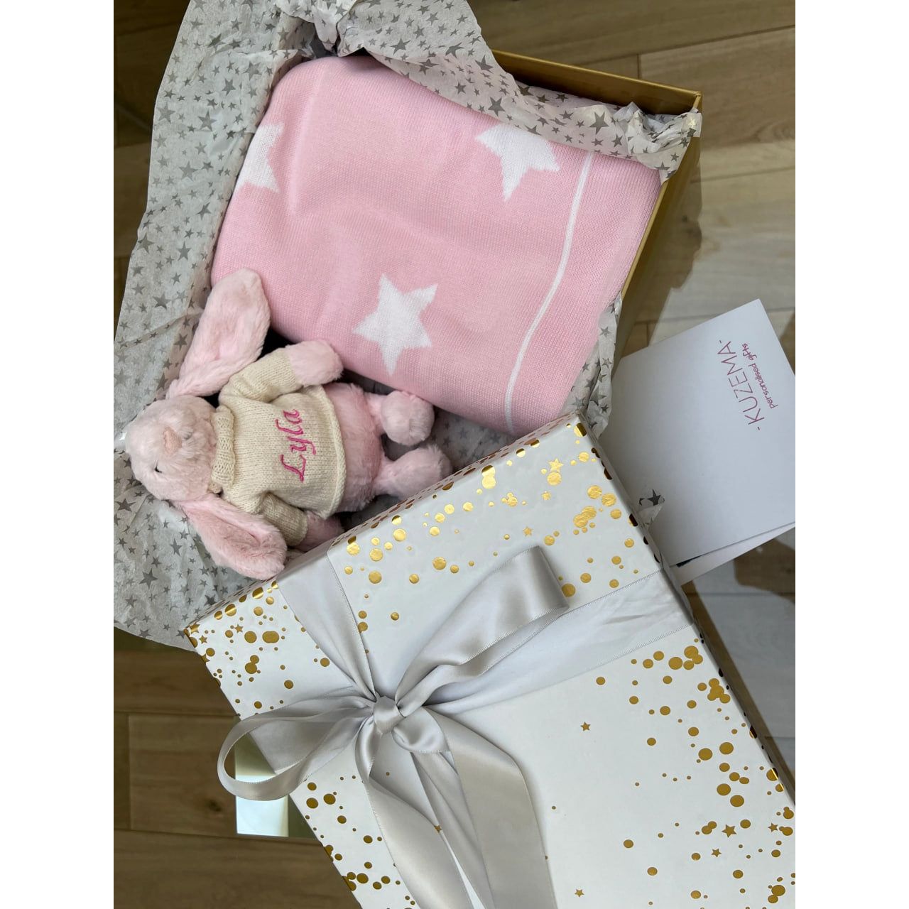 Custom Baby Embroidered Name Set Box Basket Rabbit Bunny and Blanket Cot