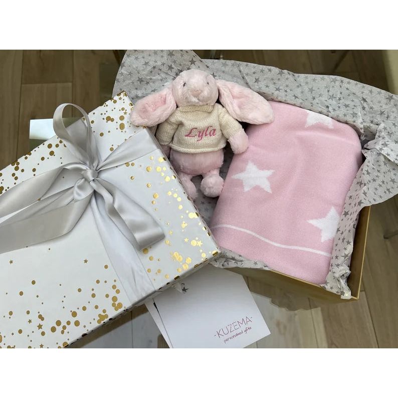 Custom Baby Embroidered Name Set Box Basket Rabbit Bunny and Blanket Cot