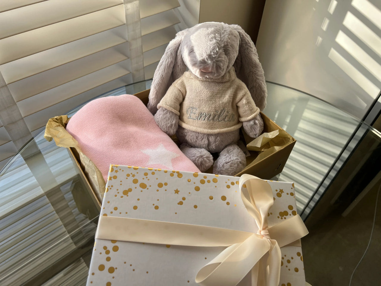 Custom Baby Embroidered Name Set Box Basket Rabbit Bunny and Blanket