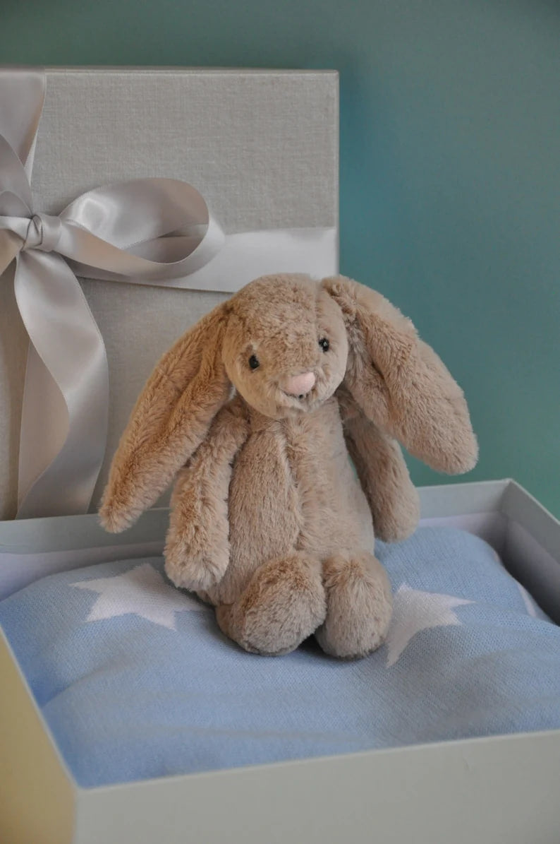 Custom Baby Embroidered Name Set Box Basket Rabbit Bunny and Blanket